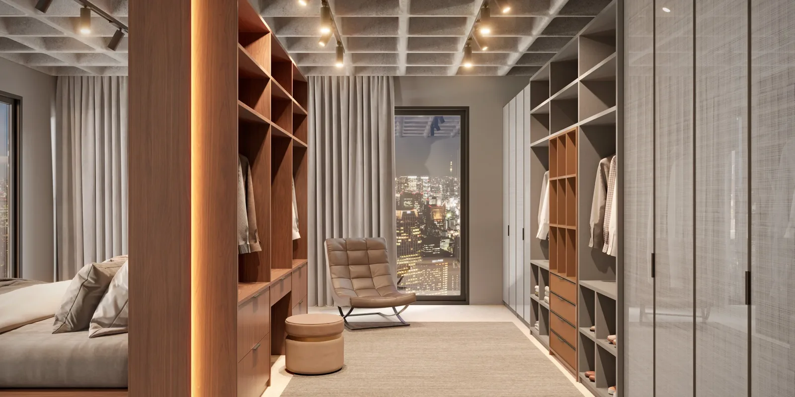 Closet planejado com prateleiras abertas e iluminação embutida